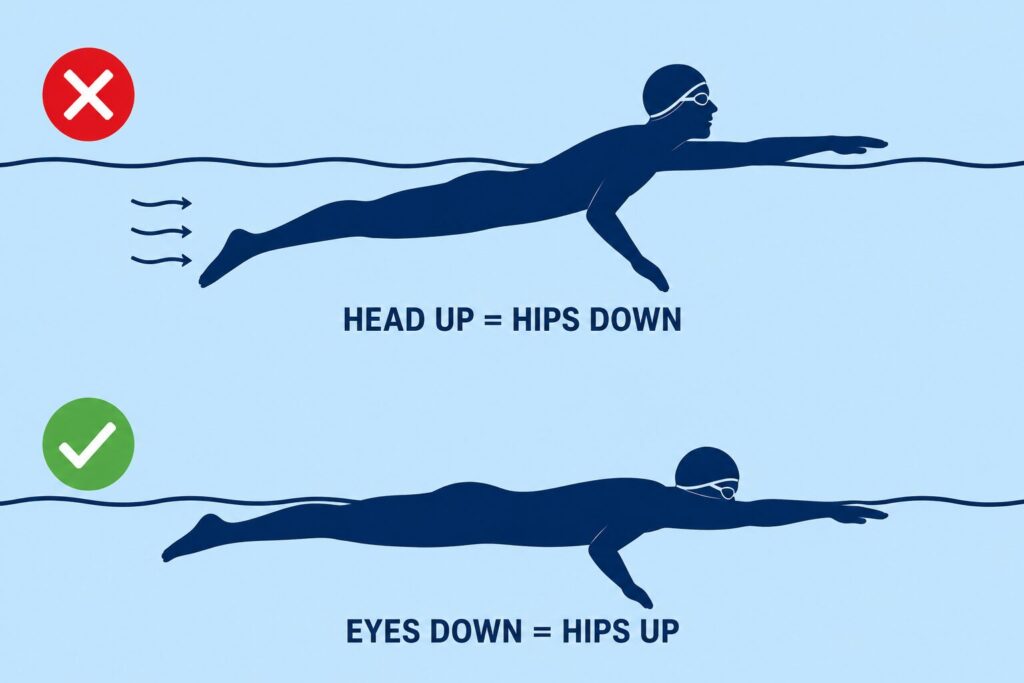 Diagram comparing wrong raised head position with correct neutral head position in front crawl