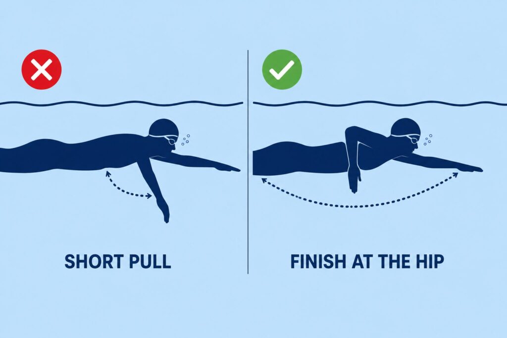 Diagram of freestyle arm pull comparing a short straight-arm stroke with a high elbow pull finishing at the hip.