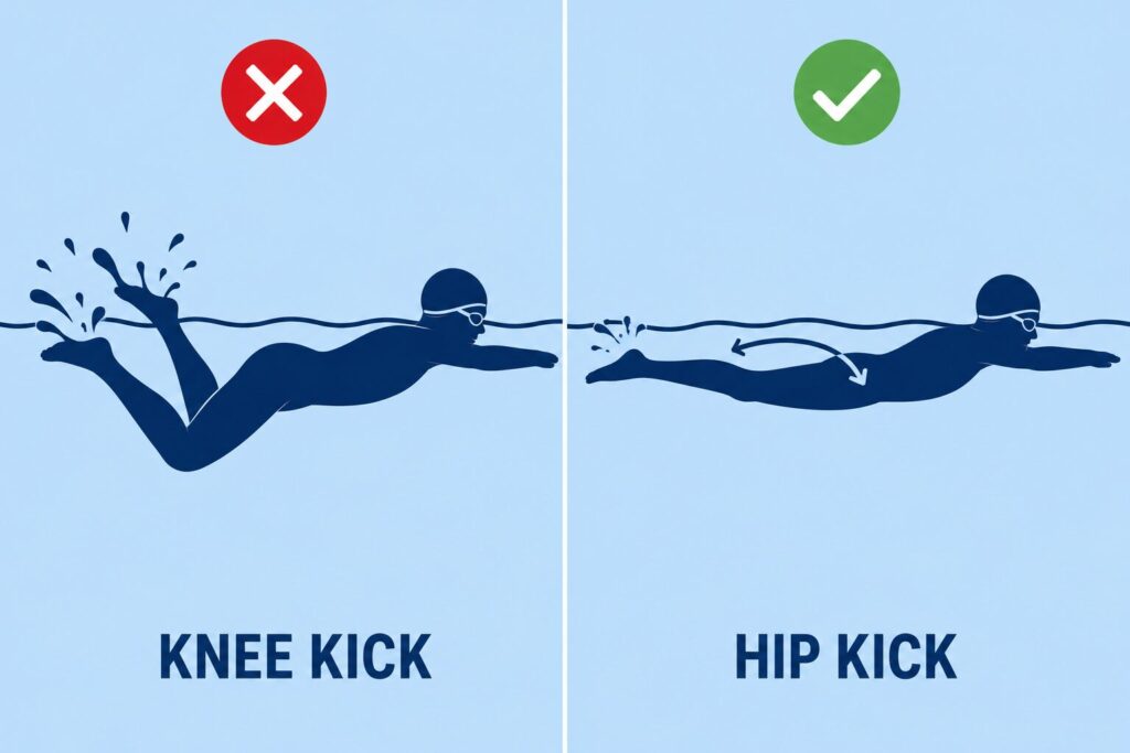 Diagram comparing an inefficient knee-driven flutter kick with a correct hip-driven kick