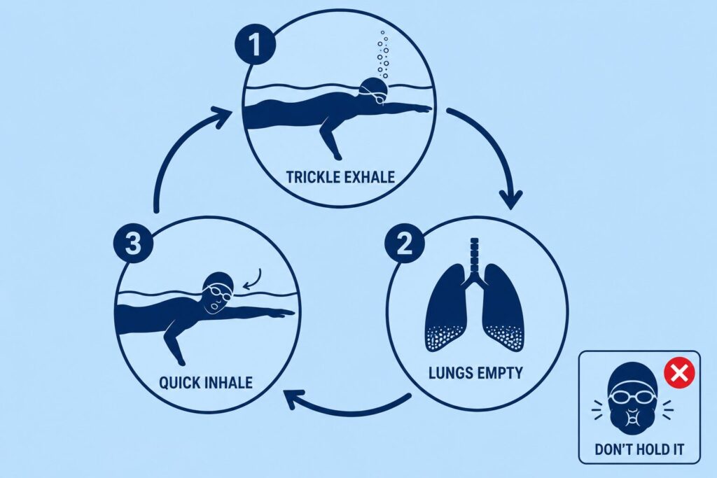 Trickle breathing cycle infographic showing continuous underwater exhale and quick sideways inhale