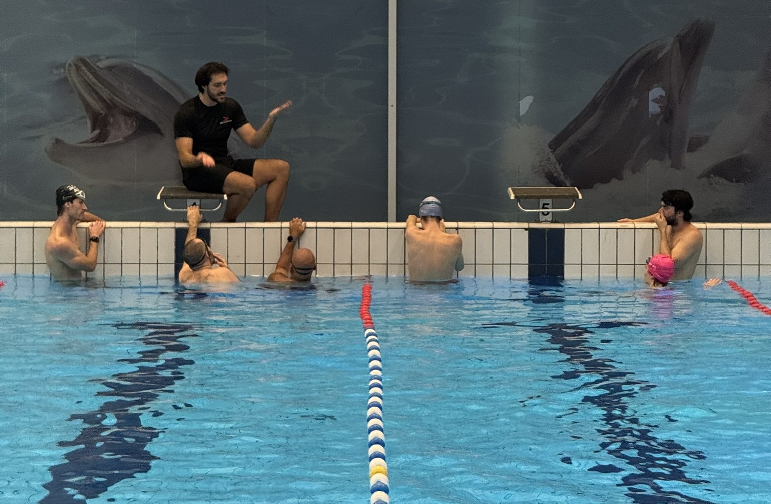 Adults practising front crawl during swimming lesson in Amsterdam pool
