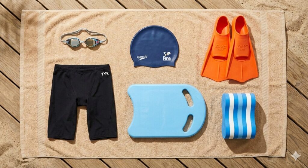 Beginner swim gear list essentials laid out for swimming lessons in Amsterdam