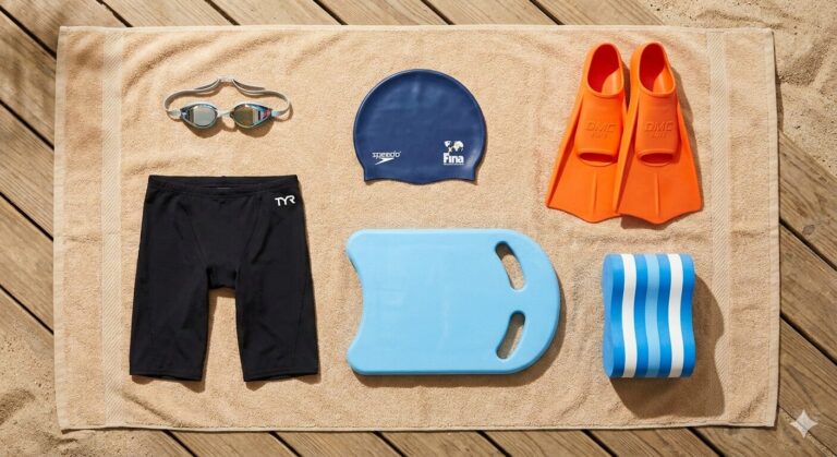 Beginner swim gear list essentials laid out for swimming lessons in Amsterdam