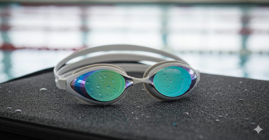 Swimming googles close up shot.