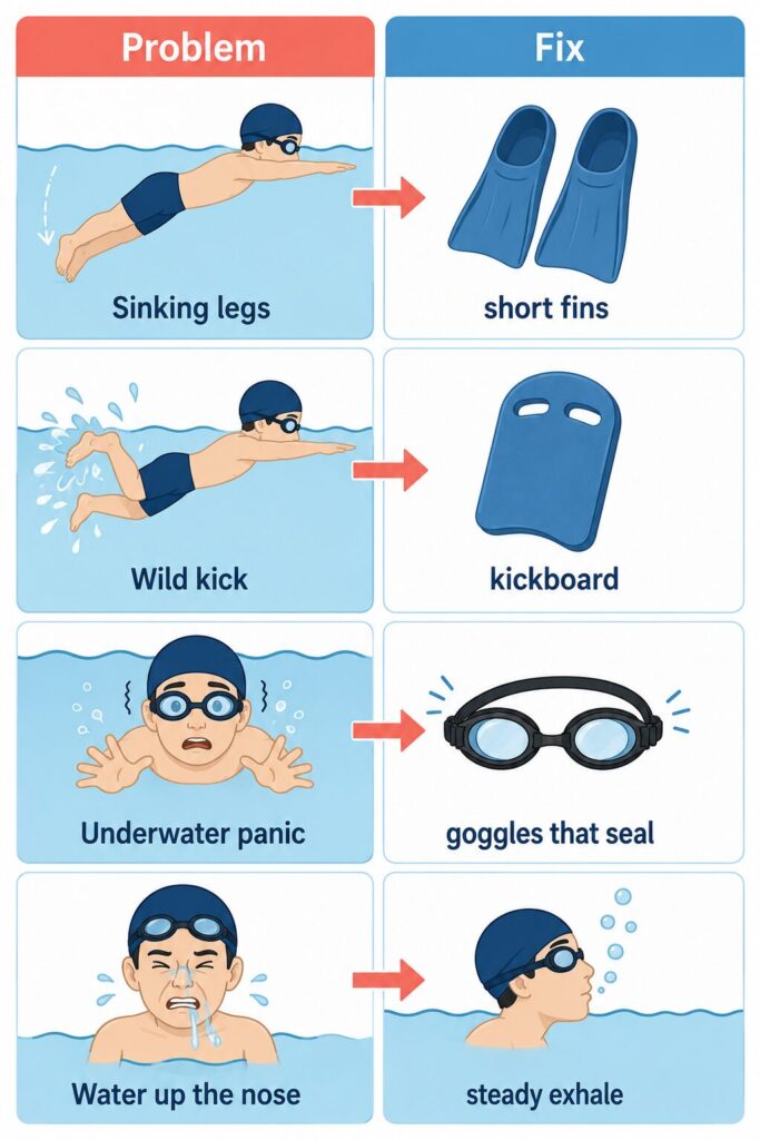 Infographic matching common beginner swimming problems to the equipment that fixes them