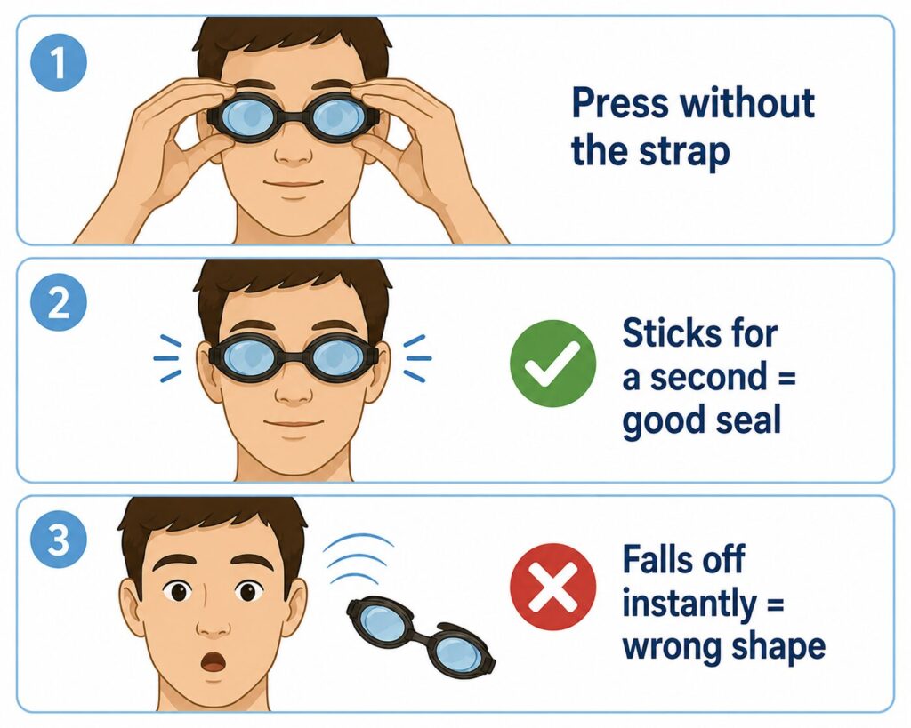 Three-step goggle fit test showing how beginners check the seal without the strap