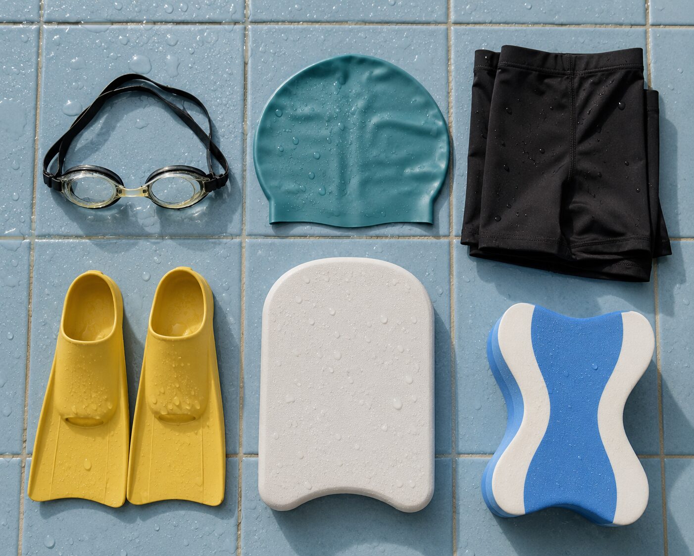 Swimming equipment for beginners: goggles, silicone cap, jammers, short fins, kickboard and pull buoy on a pool deck
