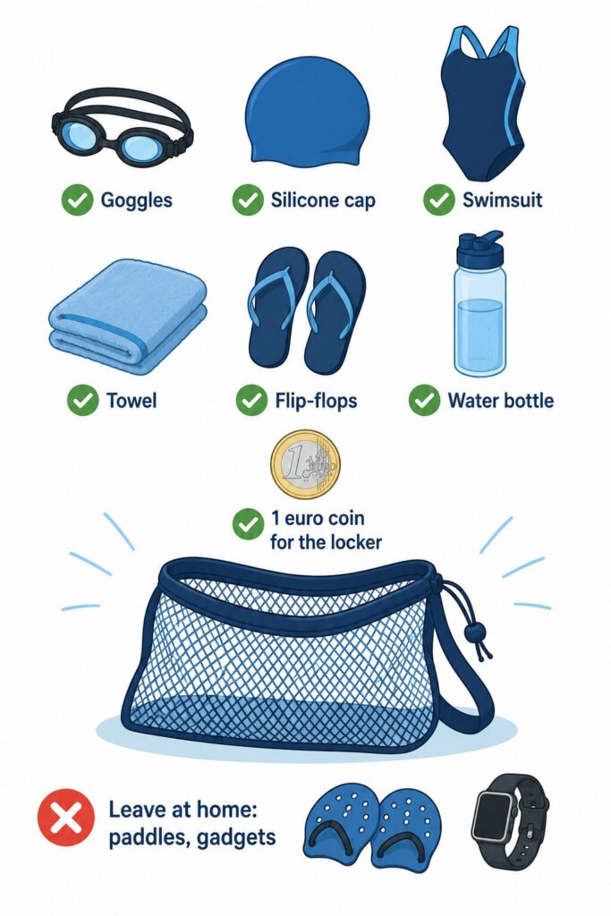 Pool bag checklist for swimming lessons in Amsterdam with essentials to pack and items to leave at home