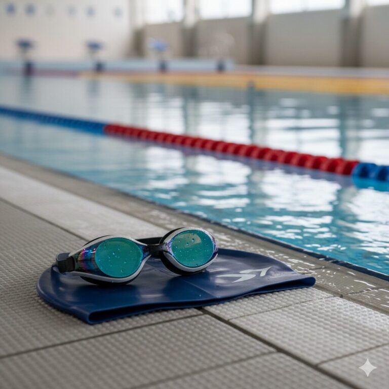 Swim goggles and cap on the pool edge beside a lap lane, ready for a beginner balance session