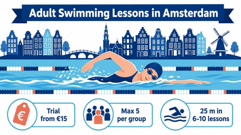 Adult swimming lessons Amsterdam 2026 guide infographic showing trial prices, group sizes and beginner milestones