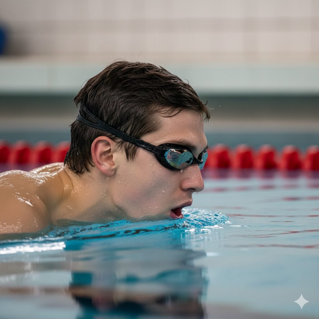 Swimmer keeping head low while exhaling at the surface to avoid breath holding in freestyle