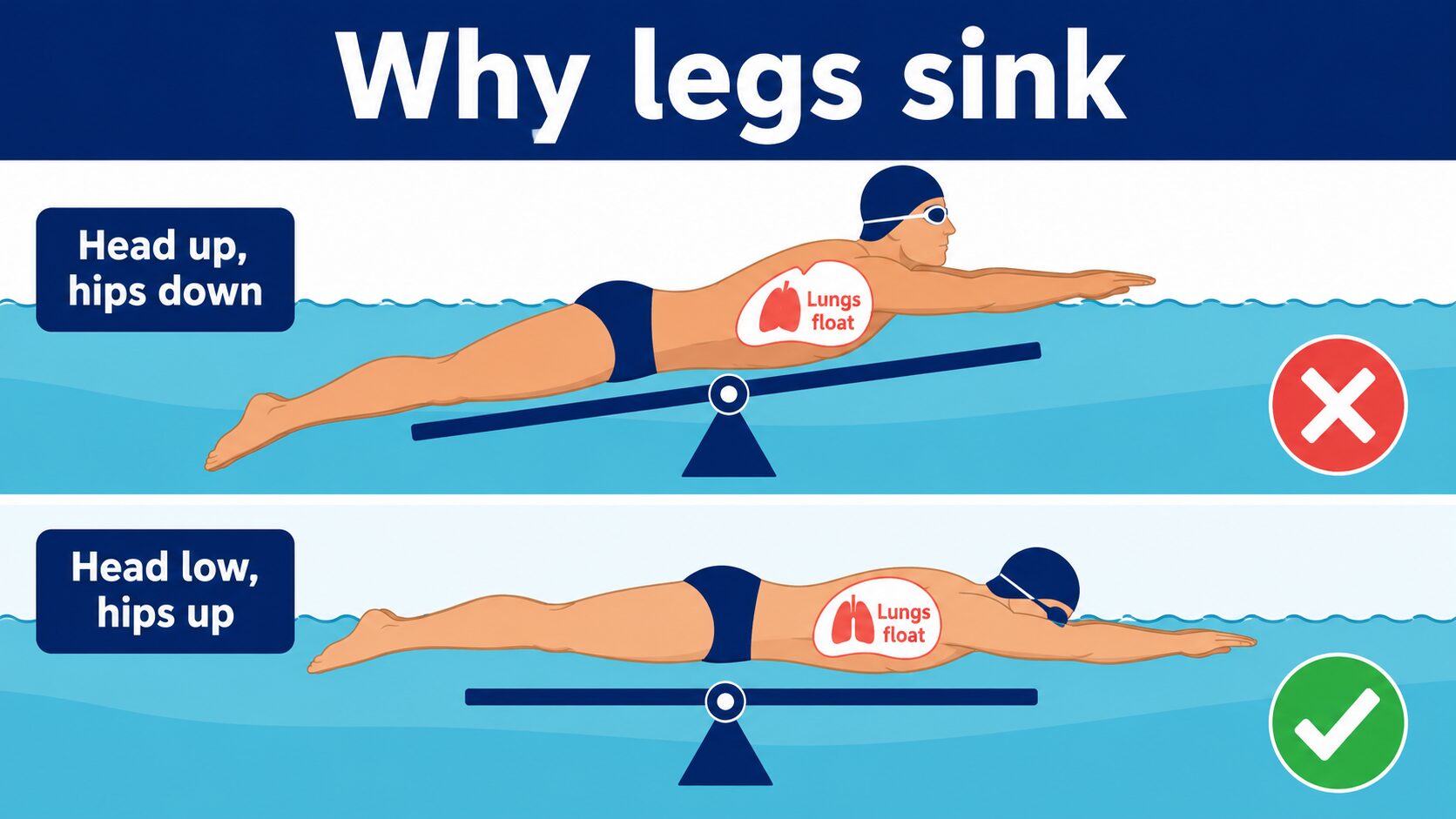 Diagram explaining why legs sink when swimming, showing the body as a seesaw pivoting at the chest