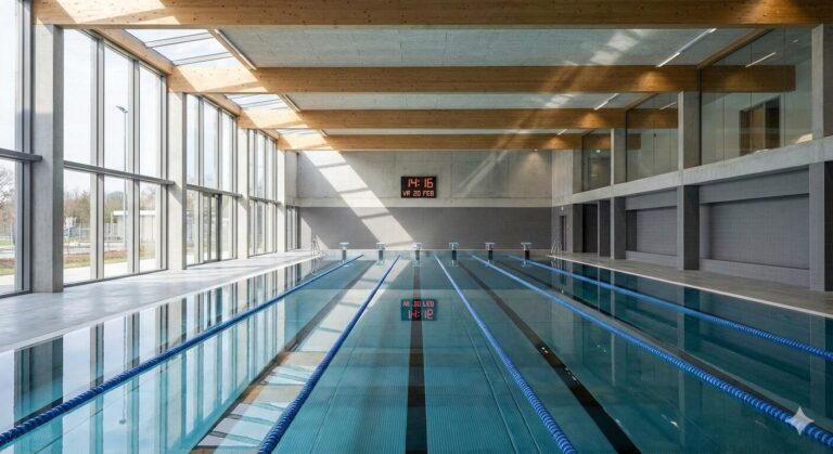 How many swimming lessons do adults need? Empty 25 metre pool with clear lane lines in Amsterdam-Noord