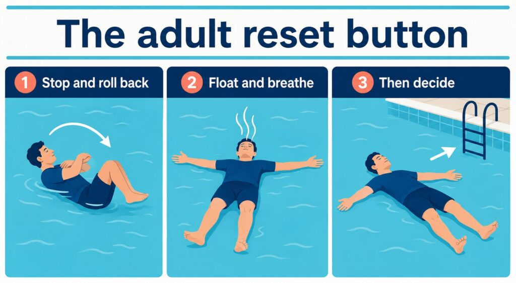 Three step back float reset for staying calm in open water