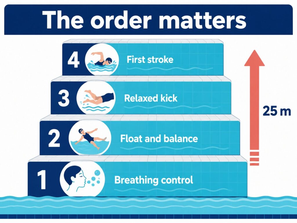 Four stacked skill stages adults build to swim 25 metres, from breathing control to a first stroke