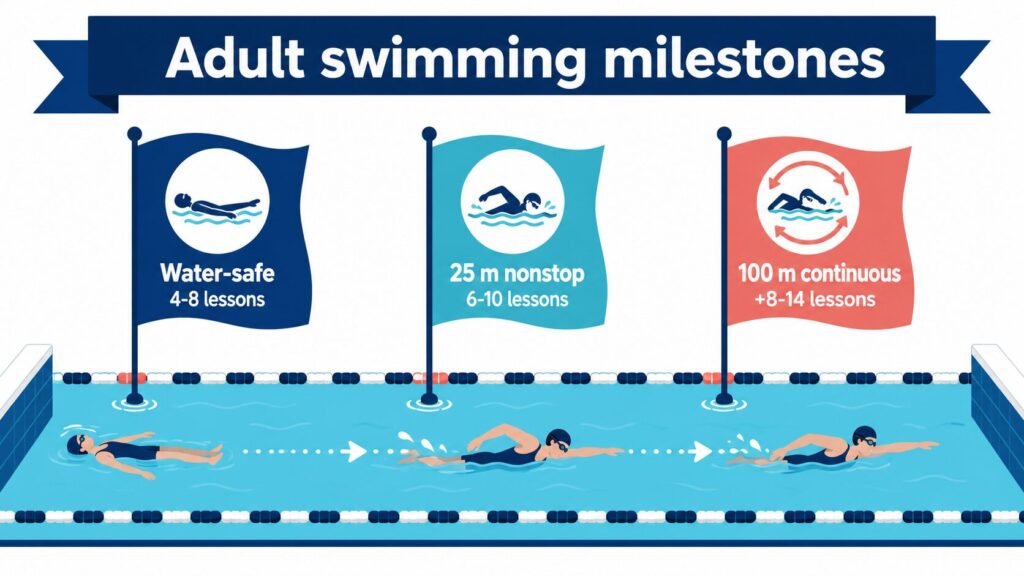Infographic showing how many swimming lessons adults need for each milestone from floating to 100 metres