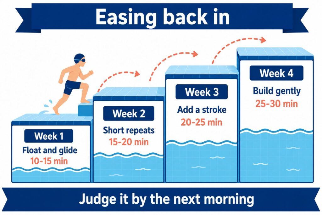 Four week easing-in swimming plan for adults with lower back pain from ten minutes to thirty