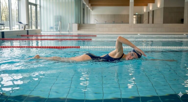 Is swimming good for lower back pain – adult swimmer doing relaxed front crawl in a pool