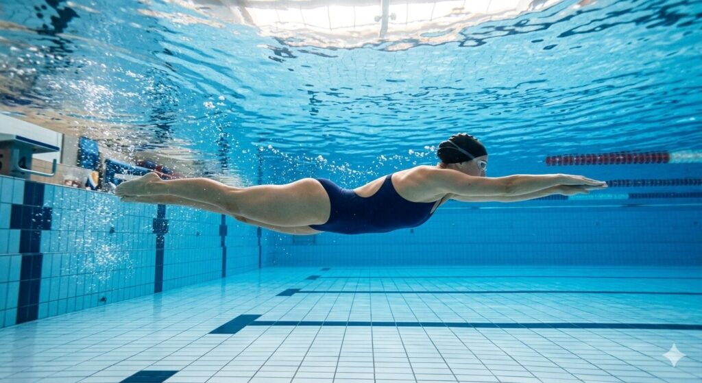 Swimming body alignment for reducing back strain