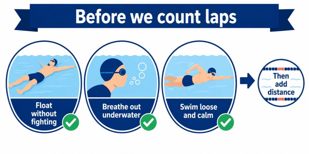 Coach checklist infographic showing float, breathe and relax checks before adding swimming distance