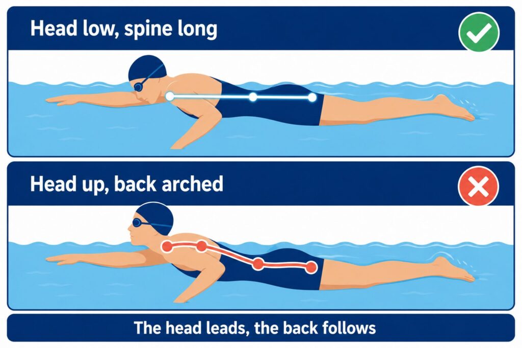 Comparison of a neutral body line and an arched lower back while swimming with head lifted