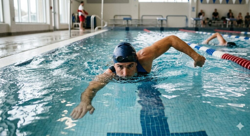 Adult swimmer practising head-up sighting drill in a swimming pool for open water preparation