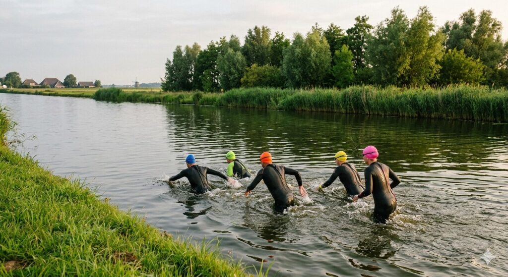Group of adult swimmers training together in open water in Amsterdam