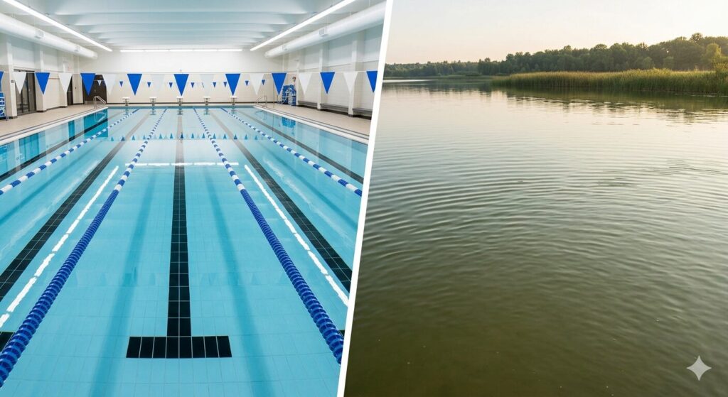 Side-by-side comparison of pool swimming lanes and open water lake swimming
