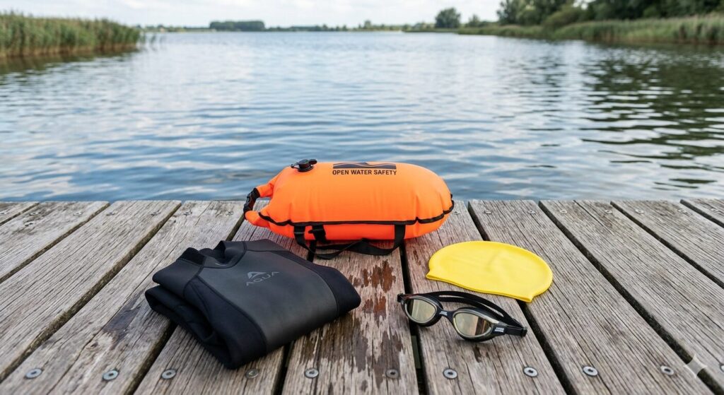 Open water swimming safety equipment — bright swim cap, tow float, and goggles laid out