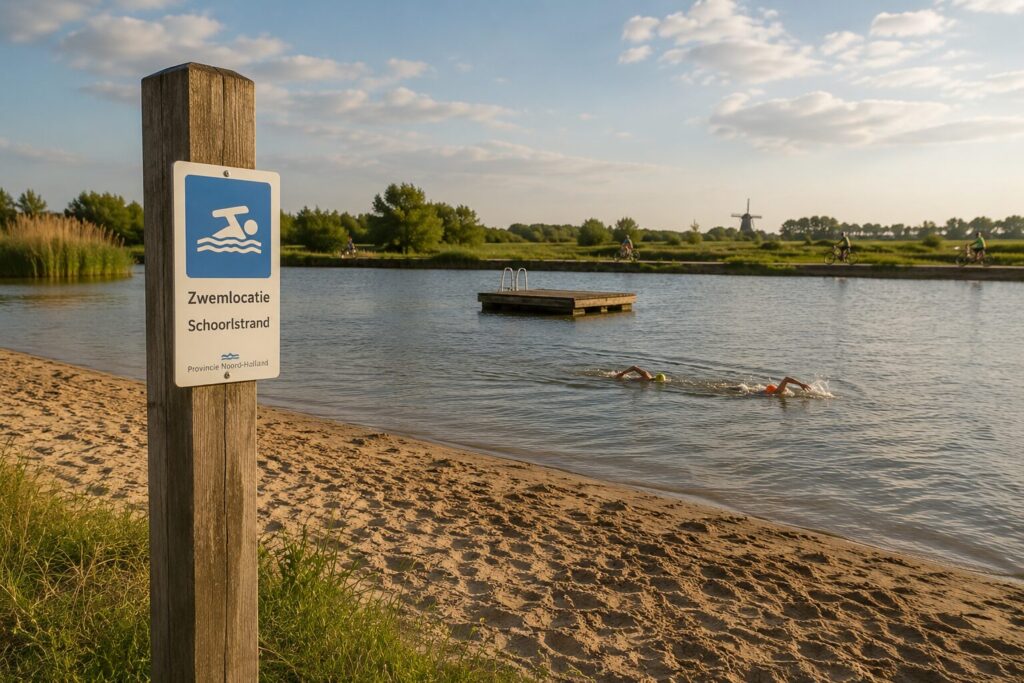 Sandy swim beach at Het Twiske recreation area, the closest outdoor swimming spot to Amsterdam-Noord, with adult swimmers and a zwemlocatie sign