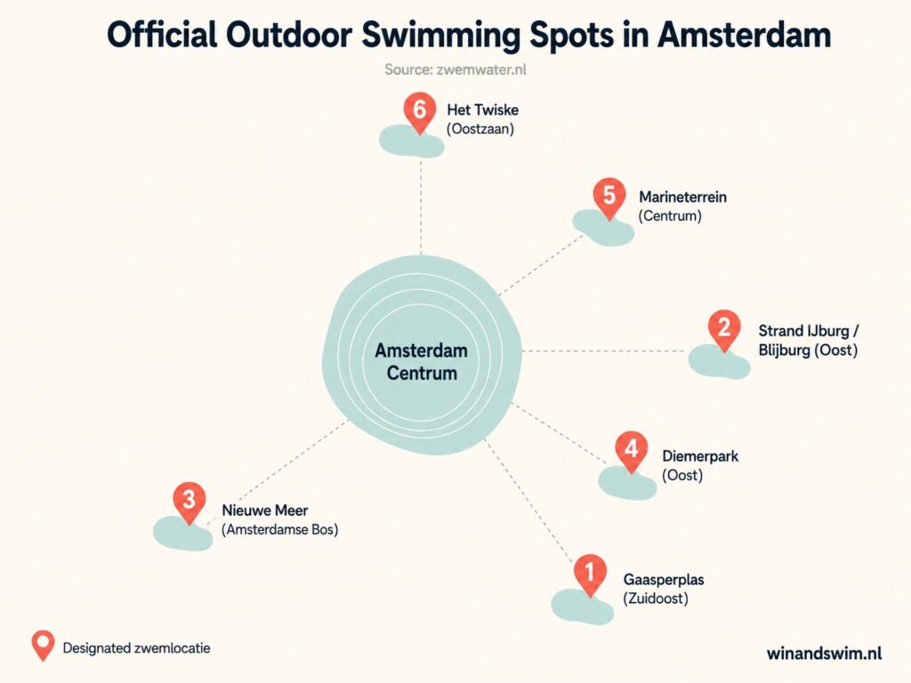 Map showing six official outdoor swimming locations in Amsterdam: Gaasperplas, IJburg, Nieuwe Meer, Diemerpark, Marineterrein, and Het Twisk