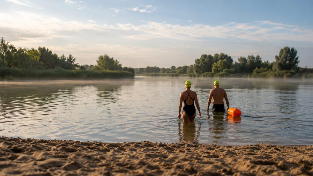 Two adult swimmers in neon caps with tow floats wading into Gaasperplas, an official outdoor swimming spot in Amsterdam
