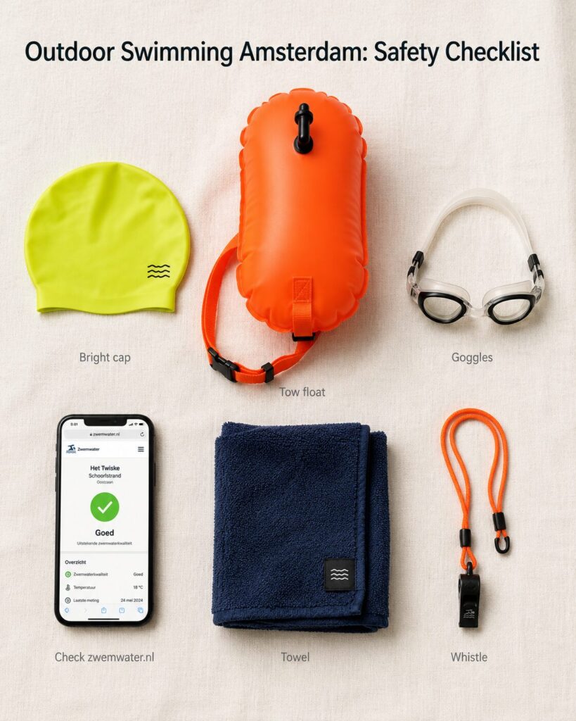 Outdoor swimming Amsterdam safety checklist flat-lay with neon swim cap, tow float, goggles, zwemwater.nl water-quality check, towel, and whistle