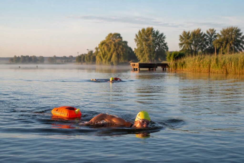 Adult swimmer practicing head-up sighting technique with a tow float at a Dutch lake near Amsterdam-Noord, the key drill for outdoor swimming preparation