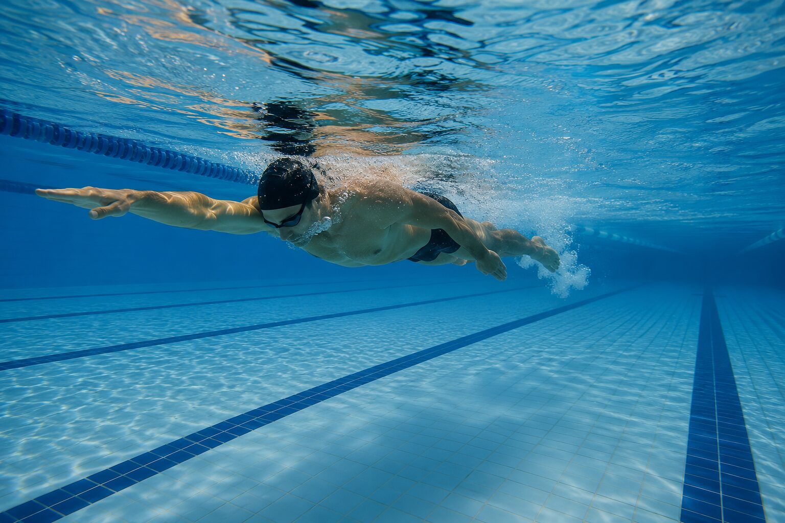 Adult learning how to swim properly with a clean horizontal freestyle body position in an Amsterdam pool