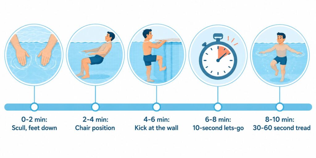 10-minute treading water practice plan timeline from sculling drills to a full 60-second tread
