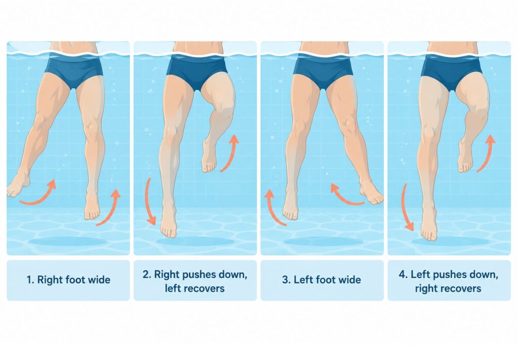 Eggbeater kick diagram showing the four-step alternating circular leg cycle for treading water