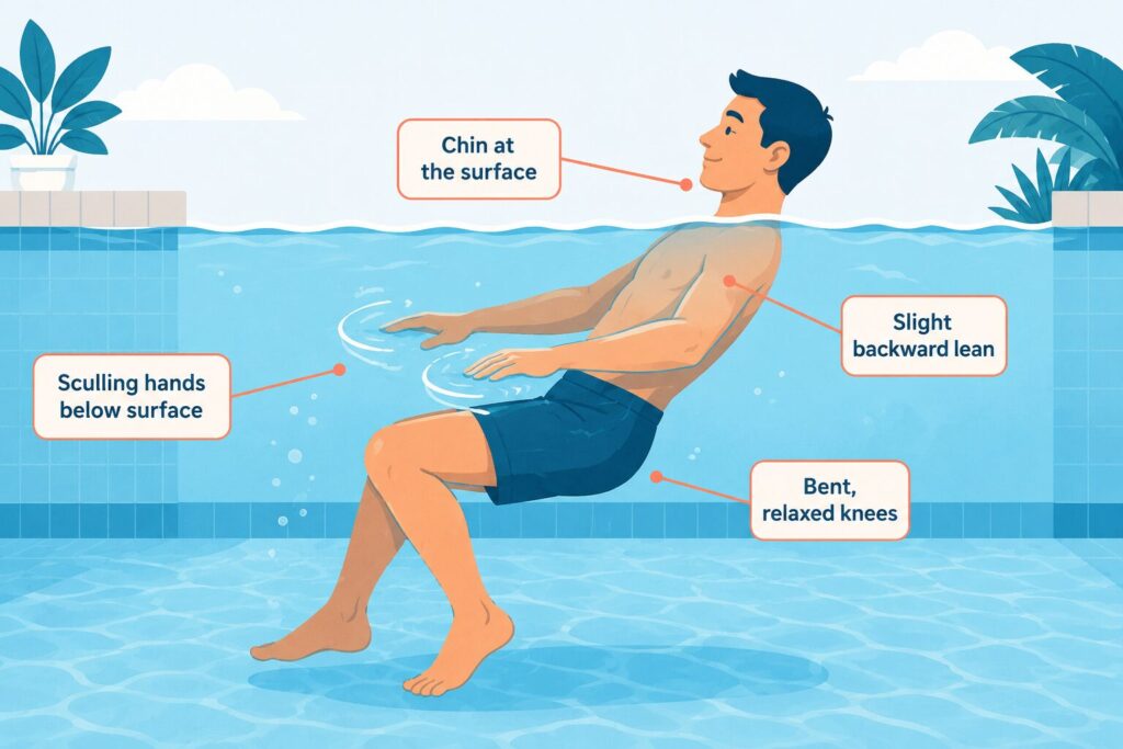 How to tread water: adult in the correct reclined treading position with sculling hands and bent knees