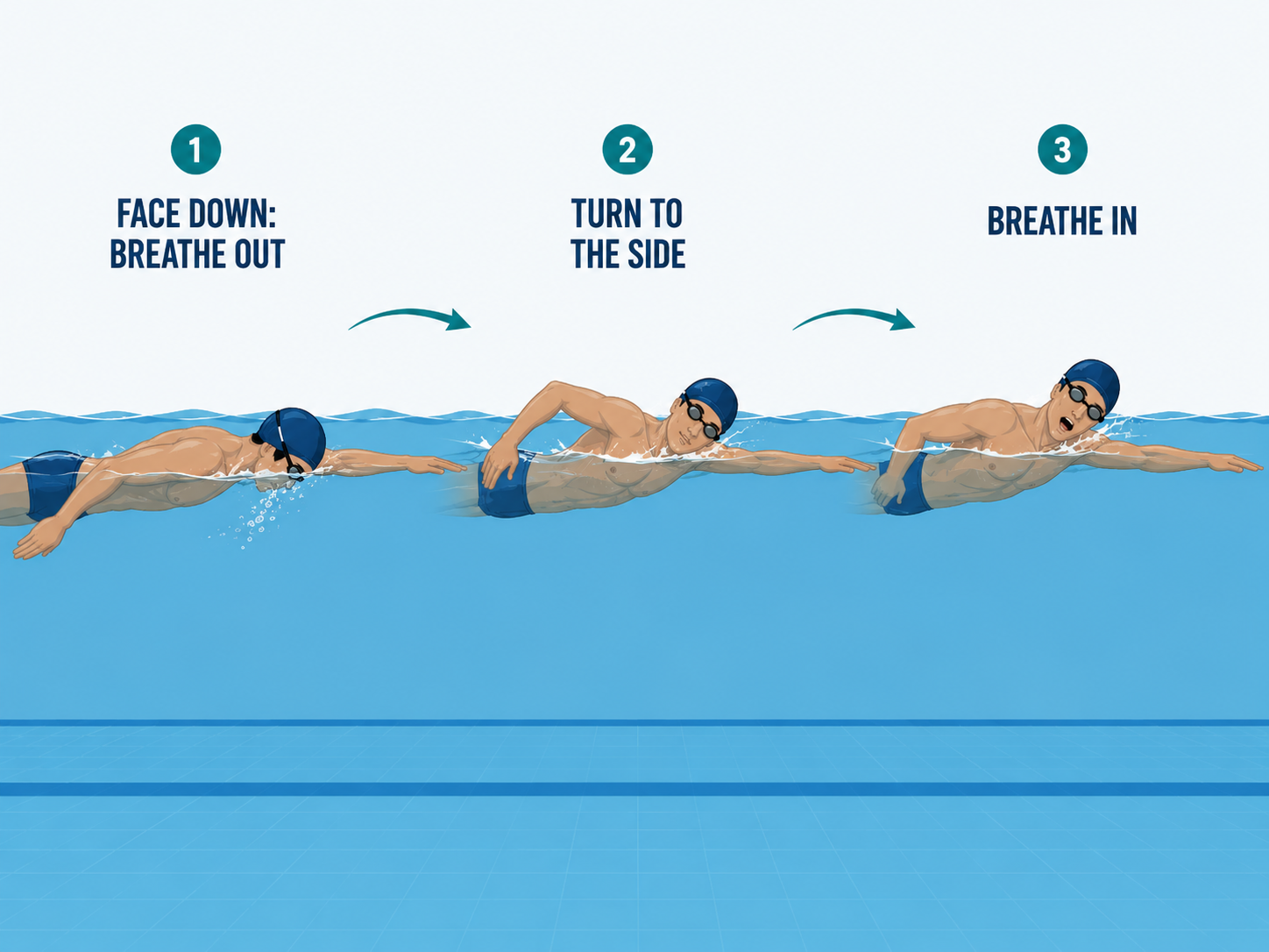 Freestyle breathing rhythm diagram: breathe out underwater, turn the head to the side, then breathe in over the water.