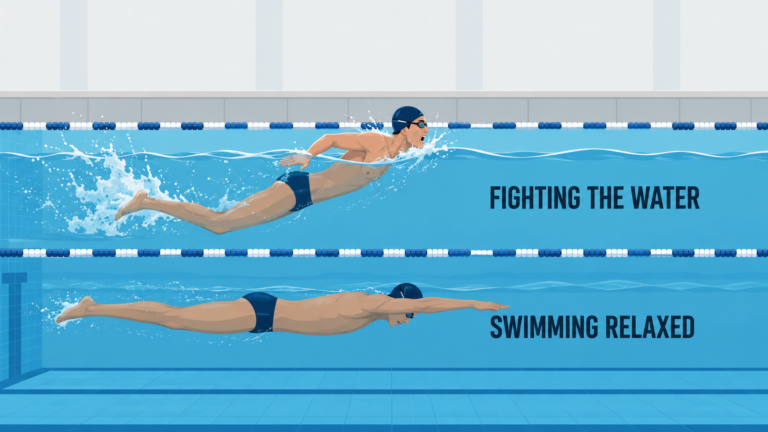 How to swim without getting tired: a relaxed streamlined swimmer using efficient front crawl next to a tense swimmer fighting the water.