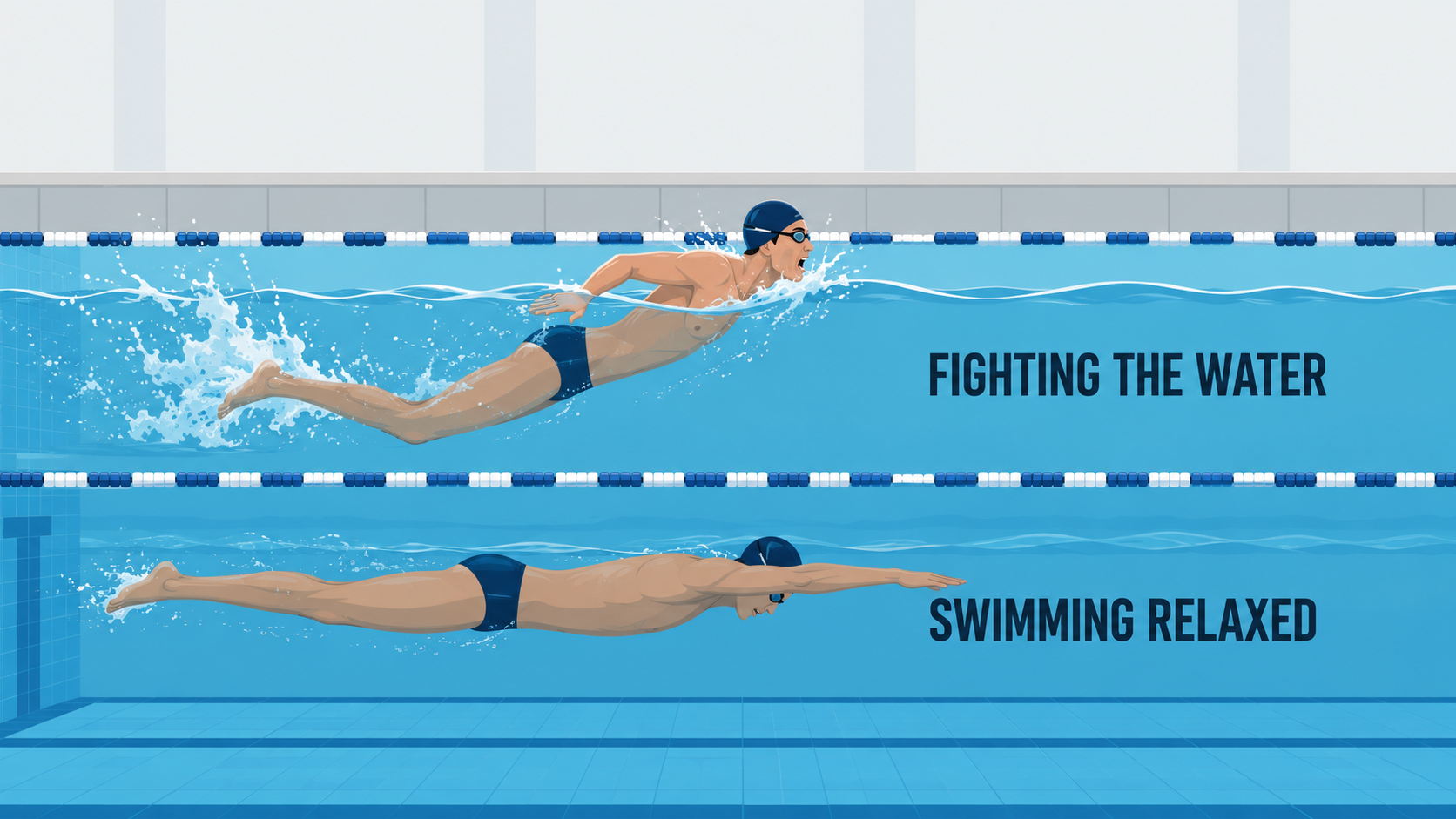 How to swim without getting tired: a relaxed streamlined swimmer using efficient front crawl next to a tense swimmer fighting the water.