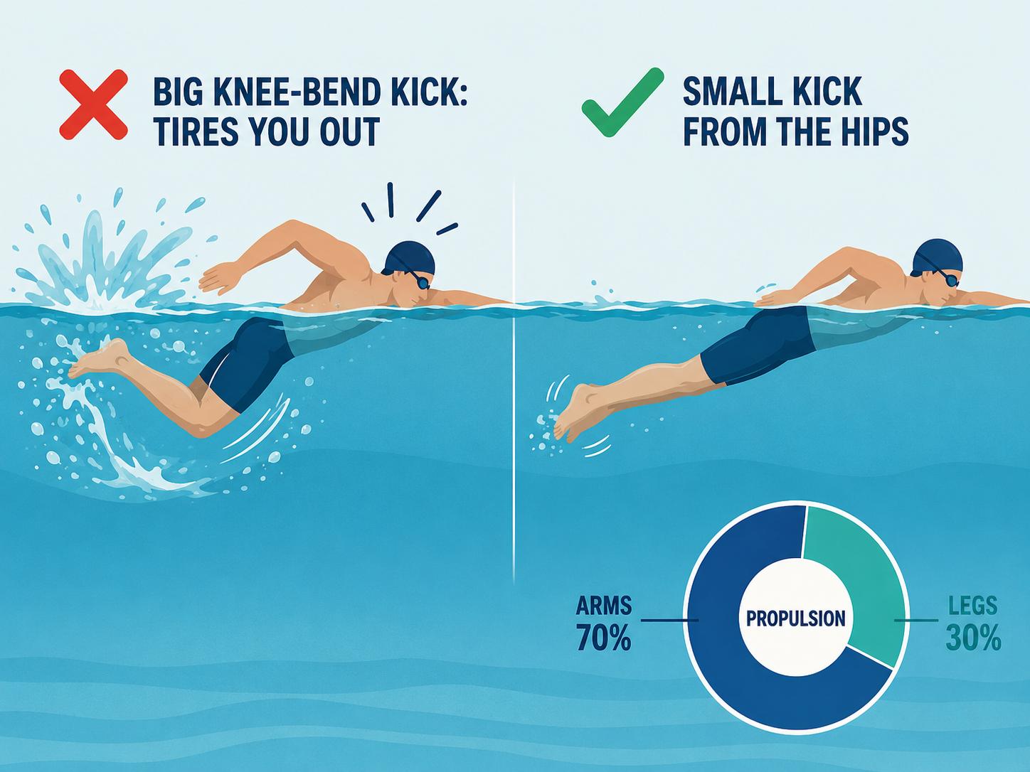 Swimming kick comparison showing a big tiring knee-bend kick versus a small efficient kick from the hips, with arms providing most propulsion.